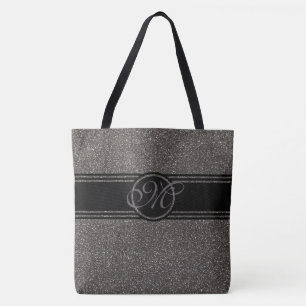 Modern Grey Black Glitter Monogram Large Tote Bag