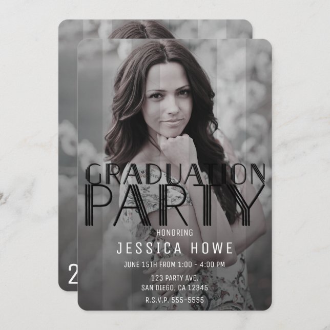 Modern Grey Black Graduation Party Graduate Photo Invitation (Front/Back)
