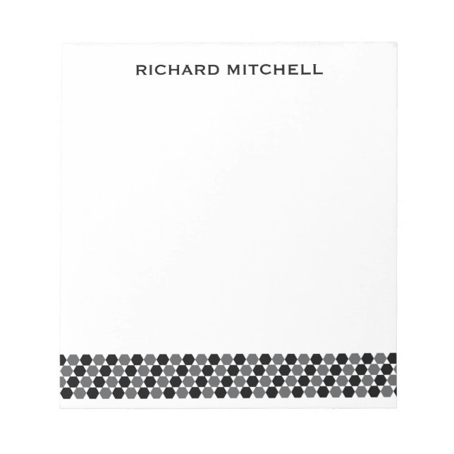 Modern grey black hexagons personalised name notepad (Front)
