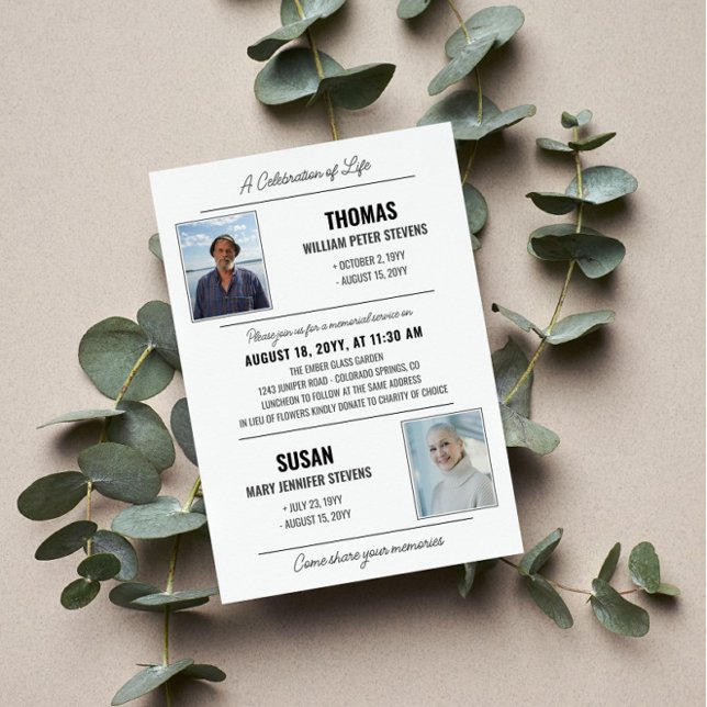 Modern Grey Black Life Celebration Double Memorial Invitation (Creator Uploaded)