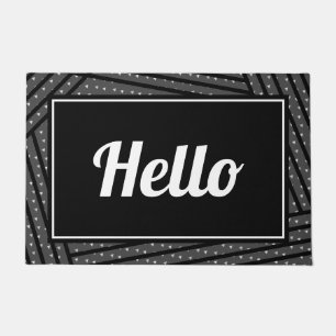 Modern Grey & Black Stripe & Triangle Hello Script Doormat