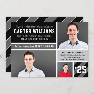 Modern Grey Black Striped Graduation Photo Collage Invitation