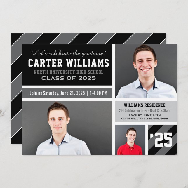 Modern Grey Black Striped Graduation Photo Collage Invitation (Front/Back)