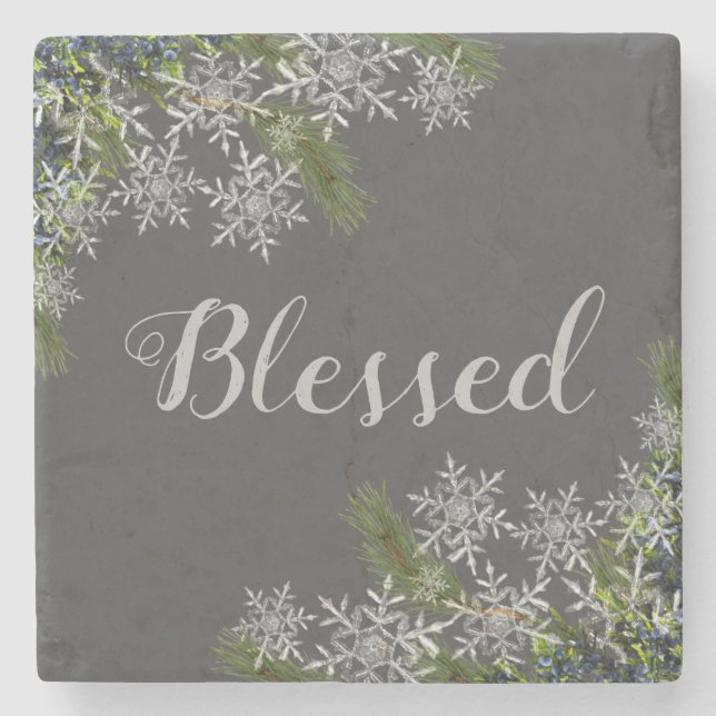 Modern Grey Blessed Snowflake & Pine Stone Coaster (Front)