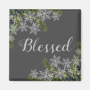 Modern Grey Blessed Snowflake & Pine Winter Magnet
