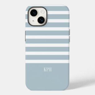 Modern Grey Blue and White Stripe with Monogram iPhone 14 Case