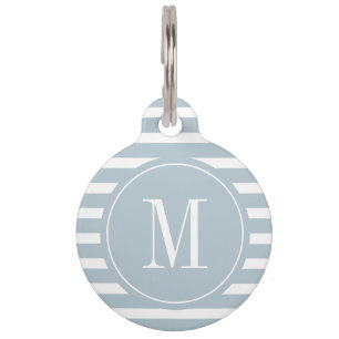 Modern Grey Blue and White Stripe with Monogram  Pet Tag