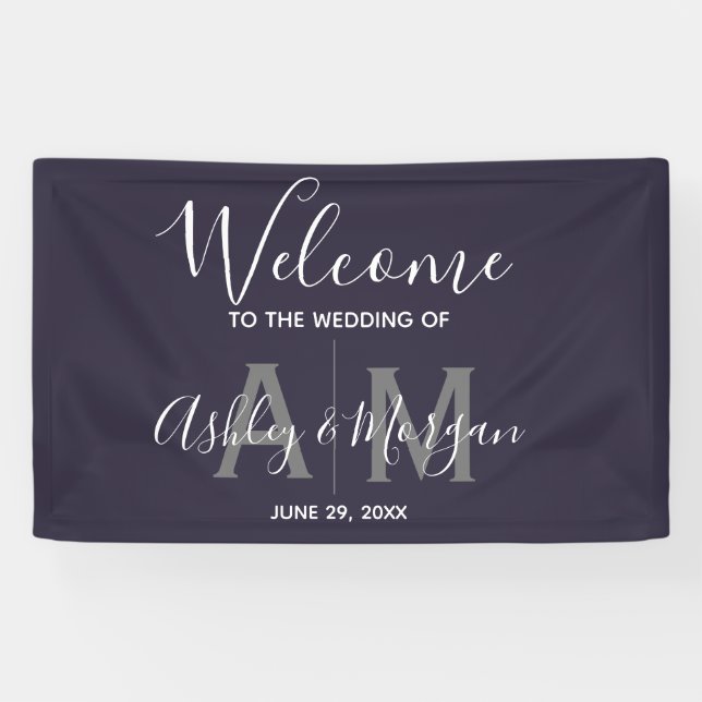 Modern Grey & Blue  Couple Monogram 36x24 Wedding  Banner (Horizontal)