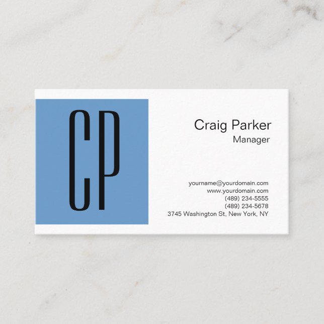 Modern Grey Blue White Monogram Professional Business Card (Front)
