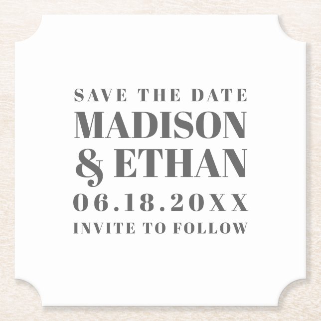 Modern Grey Bold Typography Save the Date Paper Coaster (Front)