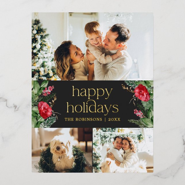 Modern Grey Botanical Greenery 3 Photo Gold Foil Holiday Postcard (Front)