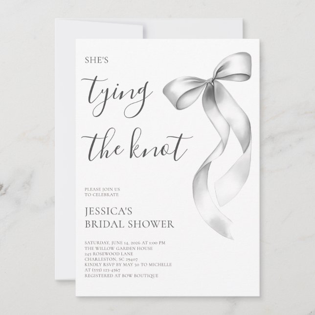 Modern Grey Bow She's Tying the Knot Bridal Shower Invitation (Front)