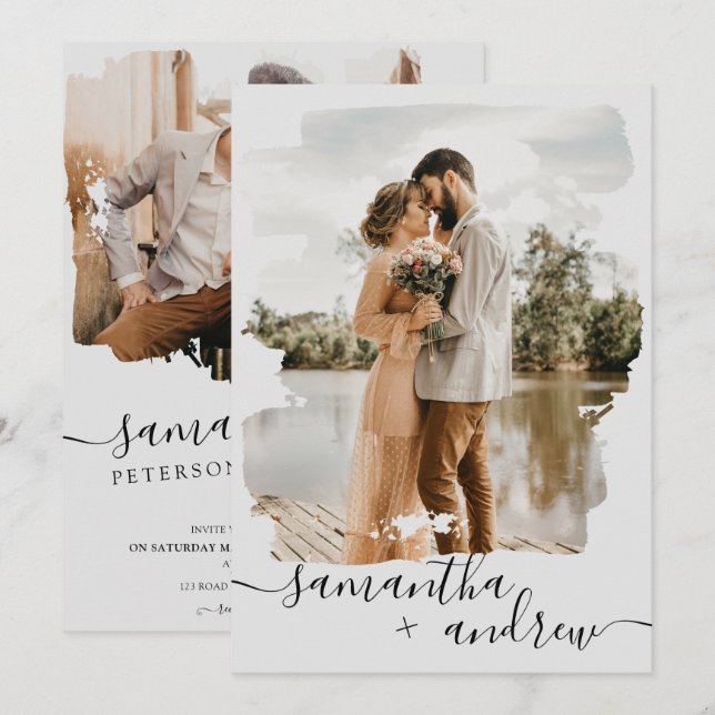 Modern grey brushstroke script 2 photos wedding invitation (Front/Back)