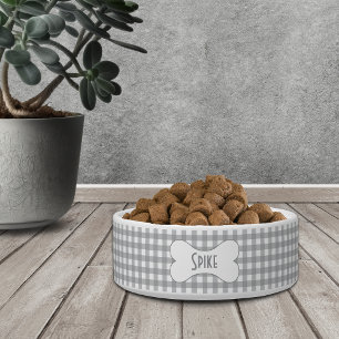 Modern Grey Buffalo Check with Name in Dog Bone Bowl