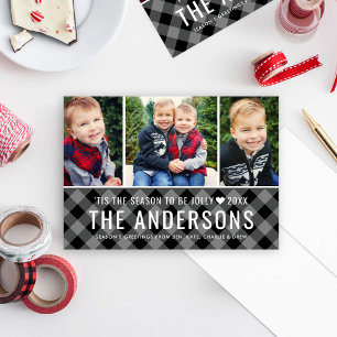 Modern Grey Buffalo Plaid Family Photo Collage Holiday Card