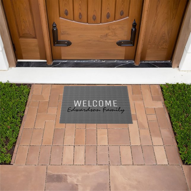 Modern grey burlap Welcome monogram family name Doormat (Outdoor)