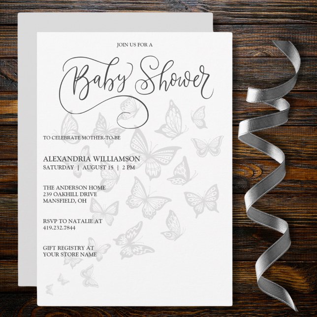 Modern Grey Butterflies Baby Shower Invitation (Also available with QR code. )