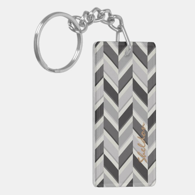 Modern grey chevron geometric pattern monogram key ring (Front Left)