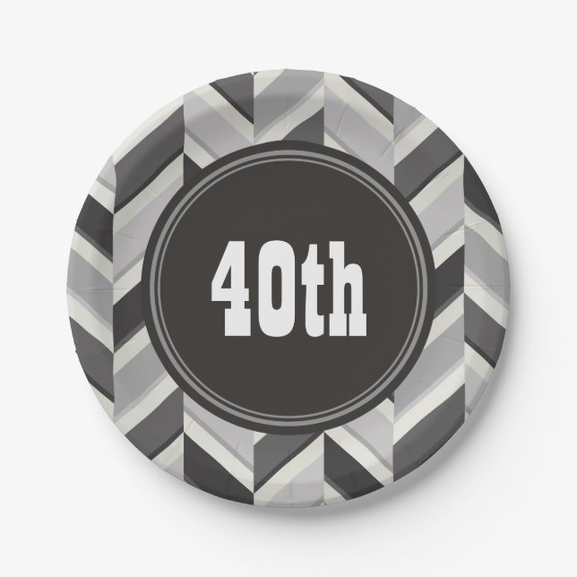 Modern grey chevron geometric pattern monogram paper plate (Front)