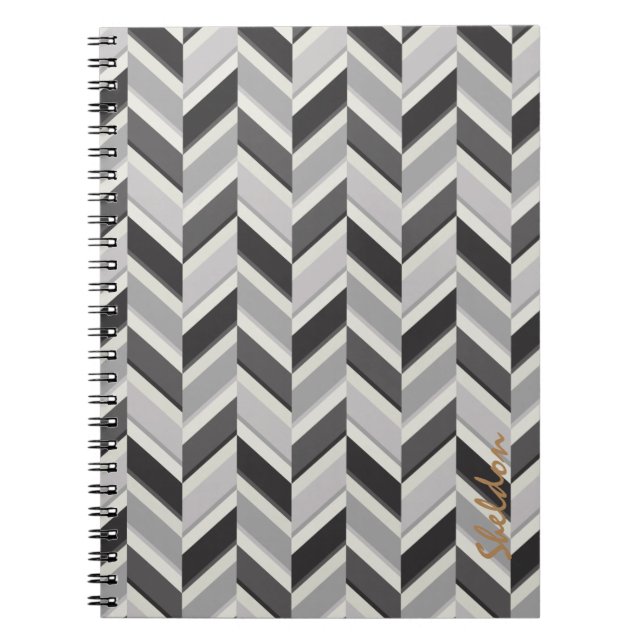 Modern grey chevron geometric pattern monogram spiral notebook (Front)