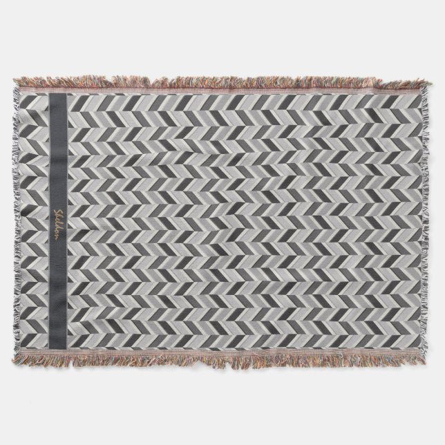 Modern grey chevron geometric pattern monogram throw blanket (Front)