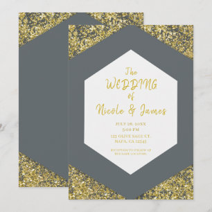 Modern Grey Chic Gold Glitter Flakes Glam Wedding Invitation
