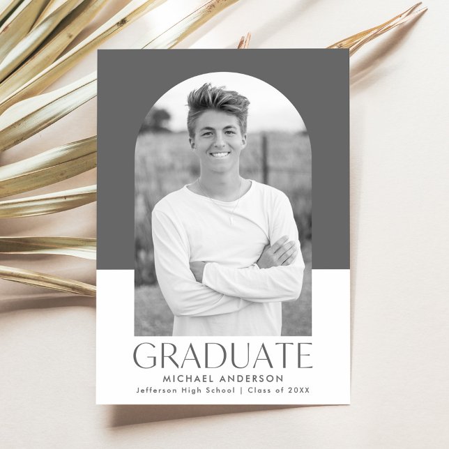 Modern Grey Colour Block Arch Photo Graduation Announcement (Creator Uploaded)