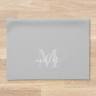 Modern Grey Custom Family Name Monogram Tea Towel