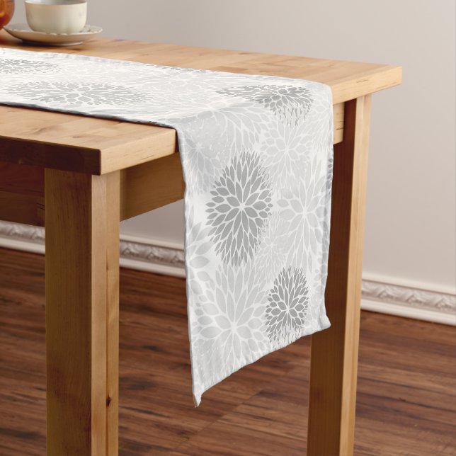 Modern Grey Dahlia Floral Short Table Runner (In Situ)