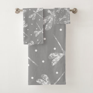 Modern grey dragonflies  bath towel set