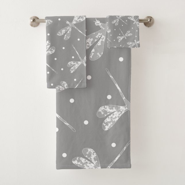 Modern grey dragonflies  bath towel set (Insitu)