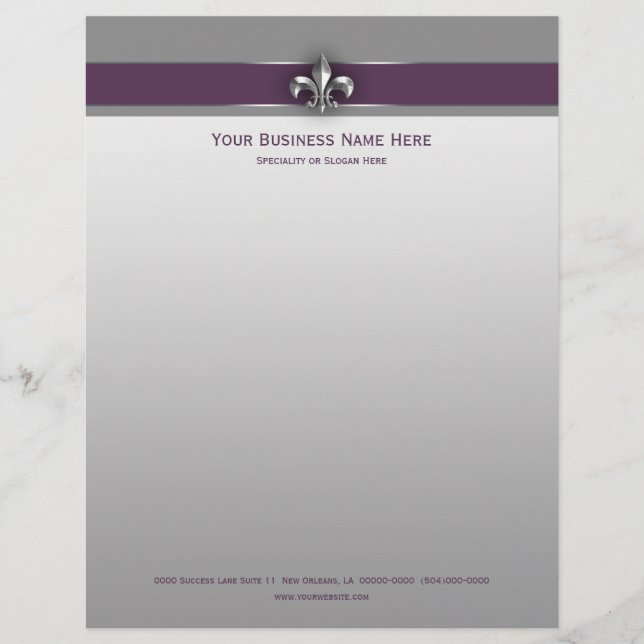 Modern Grey Eggplant Fleur de Lis Customized Letterhead (Front)