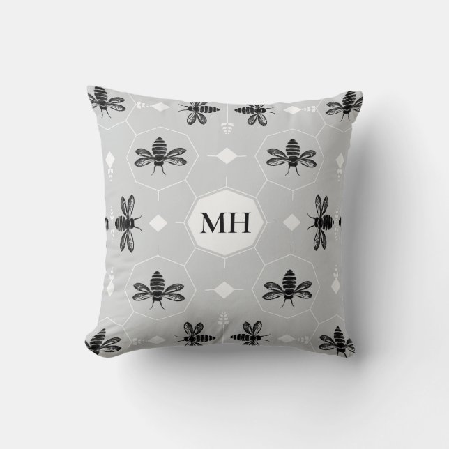 Modern Grey Elegant Black Bee Pattern Monogram Cushion (Front)