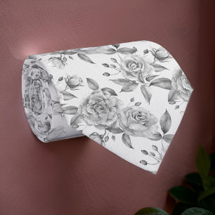 Modern Grey Flowers Elegant Roses Watercolor Tie