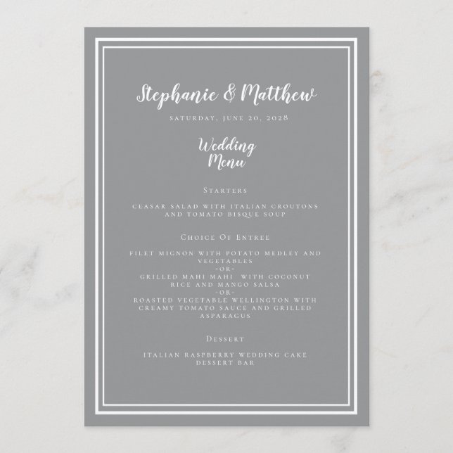 Modern Grey Formal Wedding Menu Simple Framed (Front)