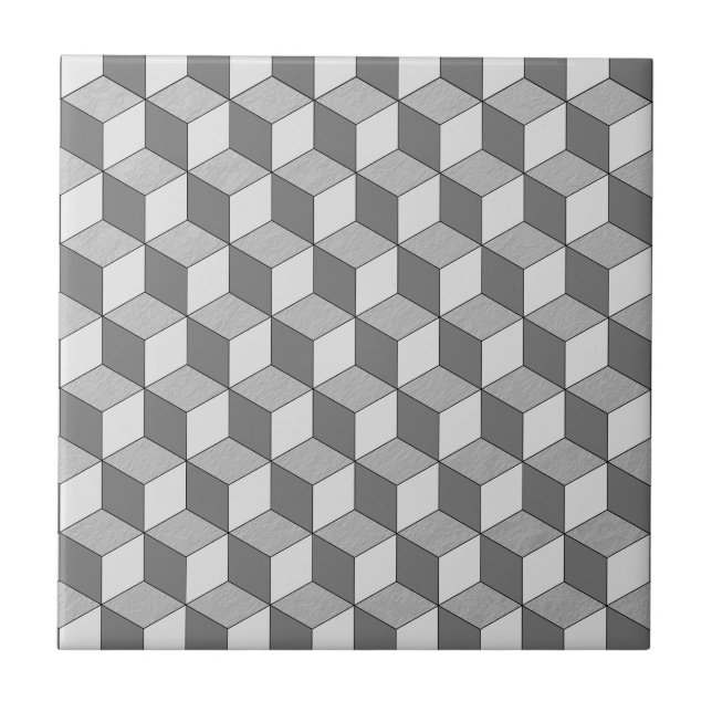 Modern Grey Geometric 3D Cube Pattern Tile (Front)