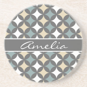Modern Grey Geometric Circle Pattern Monogram Coaster