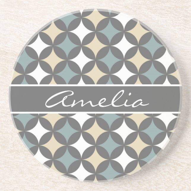 Modern Grey Geometric Circle Pattern Monogram Coaster (Front)