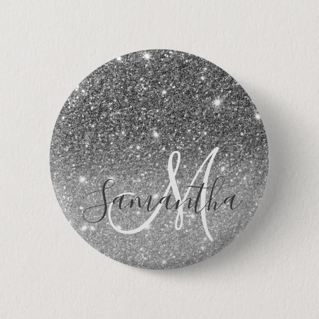 Modern Grey Glitter Sparkles Personalised Name 6 Cm Round Badge (Front)