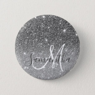 Modern Grey Glitter Sparkles Personalised Name 6 Cm Round Badge