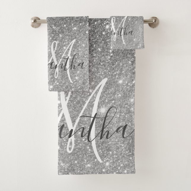 Modern Grey Glitter Sparkles Personalised Name Bath Towel Set (Insitu)