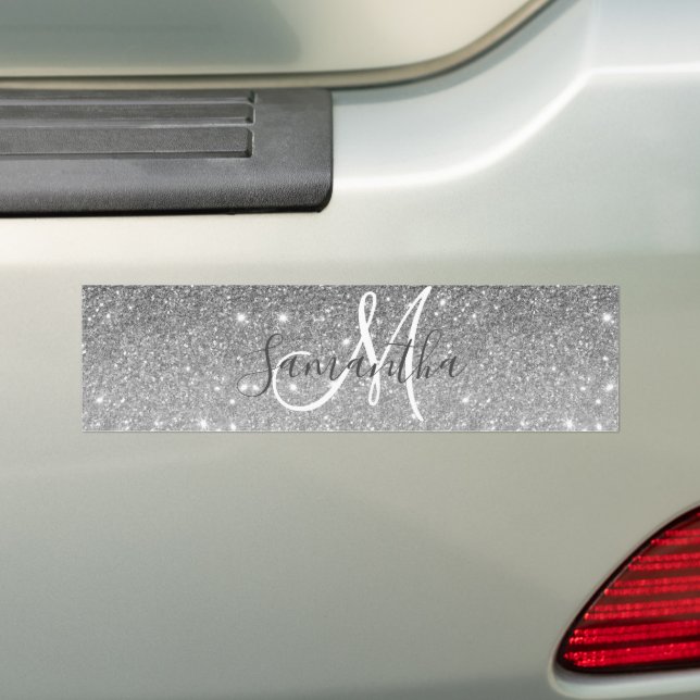 Modern Grey Glitter Sparkles Personalised Name Bumper Sticker (On Car)