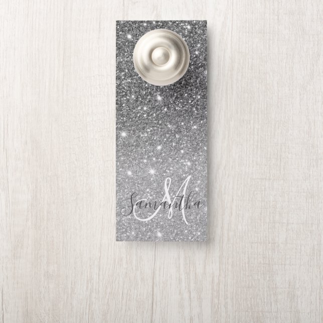 Modern Grey Glitter Sparkles Personalised Name Door Hanger (On Knob)