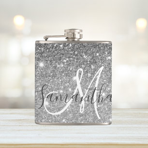 Modern Grey Glitter Sparkles Personalised Name Hip Flask