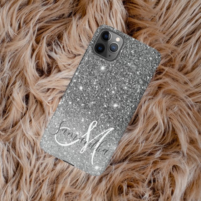 Modern Grey Glitter Sparkles Personalised Name iPhone Case (Creator Uploaded)