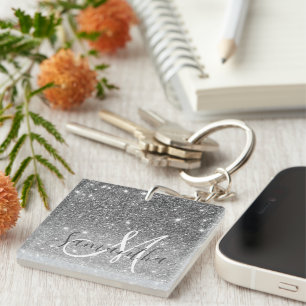 Modern Grey Glitter Sparkles Personalised Name Key Ring