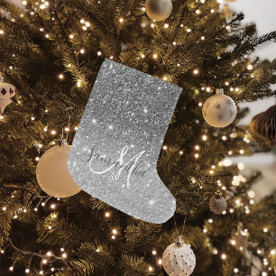 Modern Grey Glitter Sparkles Personalised Name Large Christmas Stocking