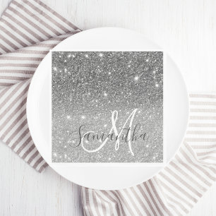Modern Grey Glitter Sparkles Personalised Name Napkin