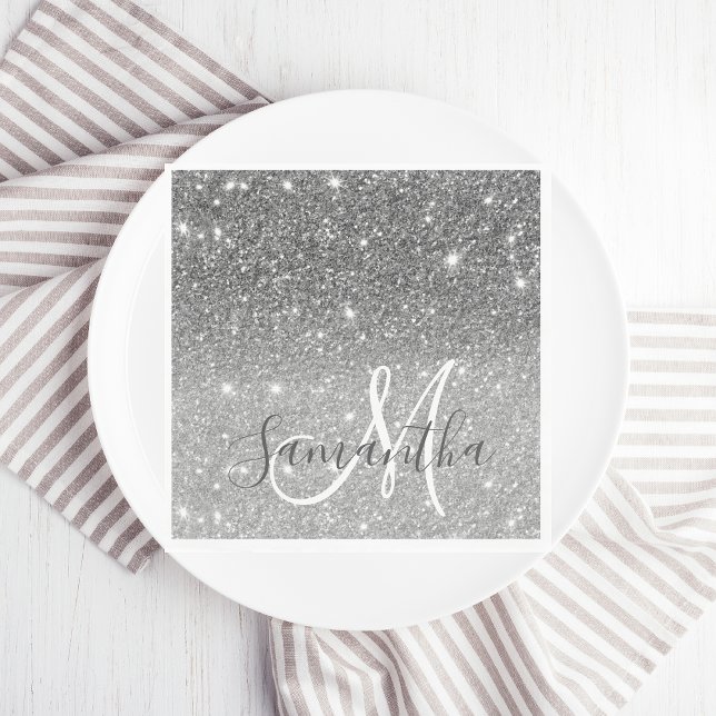 Modern Grey Glitter Sparkles Personalised Name Napkin (Creator Uploaded)