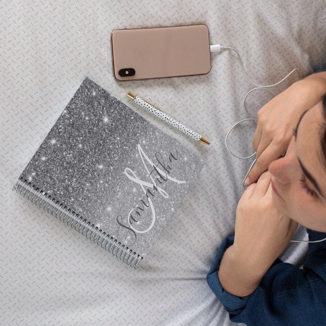 Modern Grey Glitter Sparkles Personalised Name Notebook (Creator Uploaded)